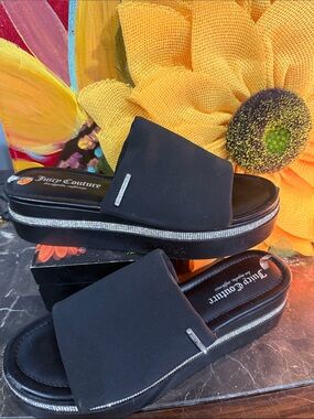 Juicy Couture Black Slide Sandals with Rhinestone Platform Trim